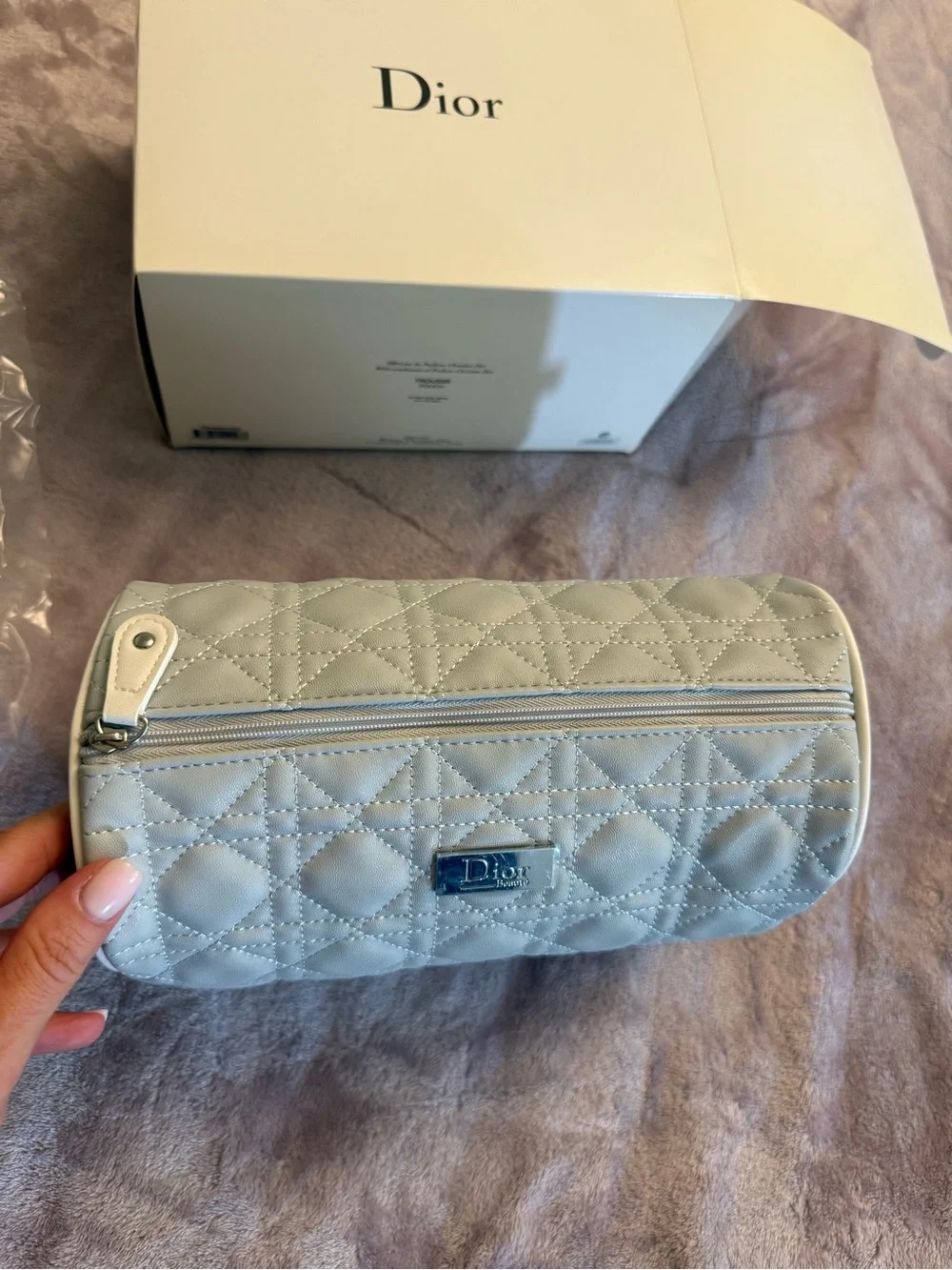Dior Cream Quilted Cosmetic Pouch with Logo Plaque